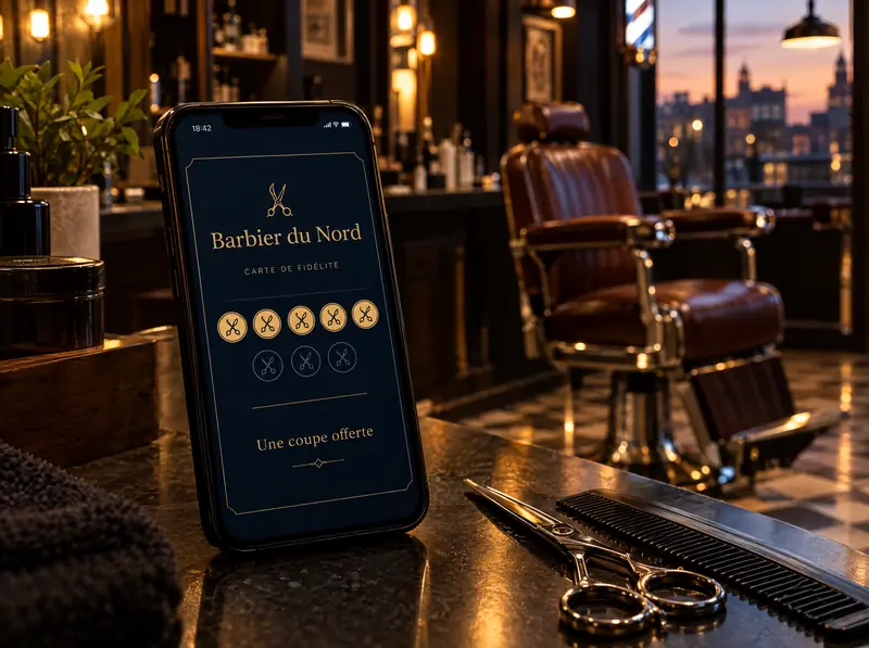 Téléphone sur le comptoir d’un barbier avec la carte fidélité « Barbier du Nord » : 5 tampons sur 8.