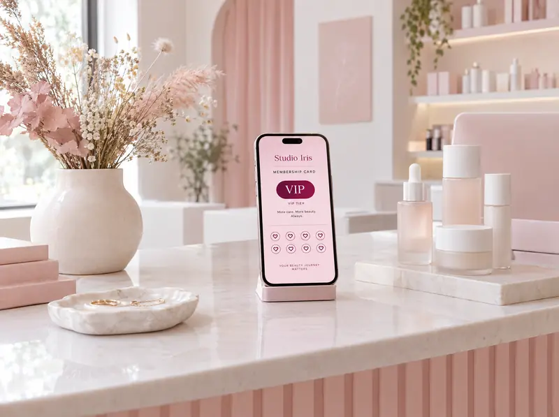Téléphone à l’accueil d’un salon de beauté avec la carte de membre VIP « Studio Iris ».